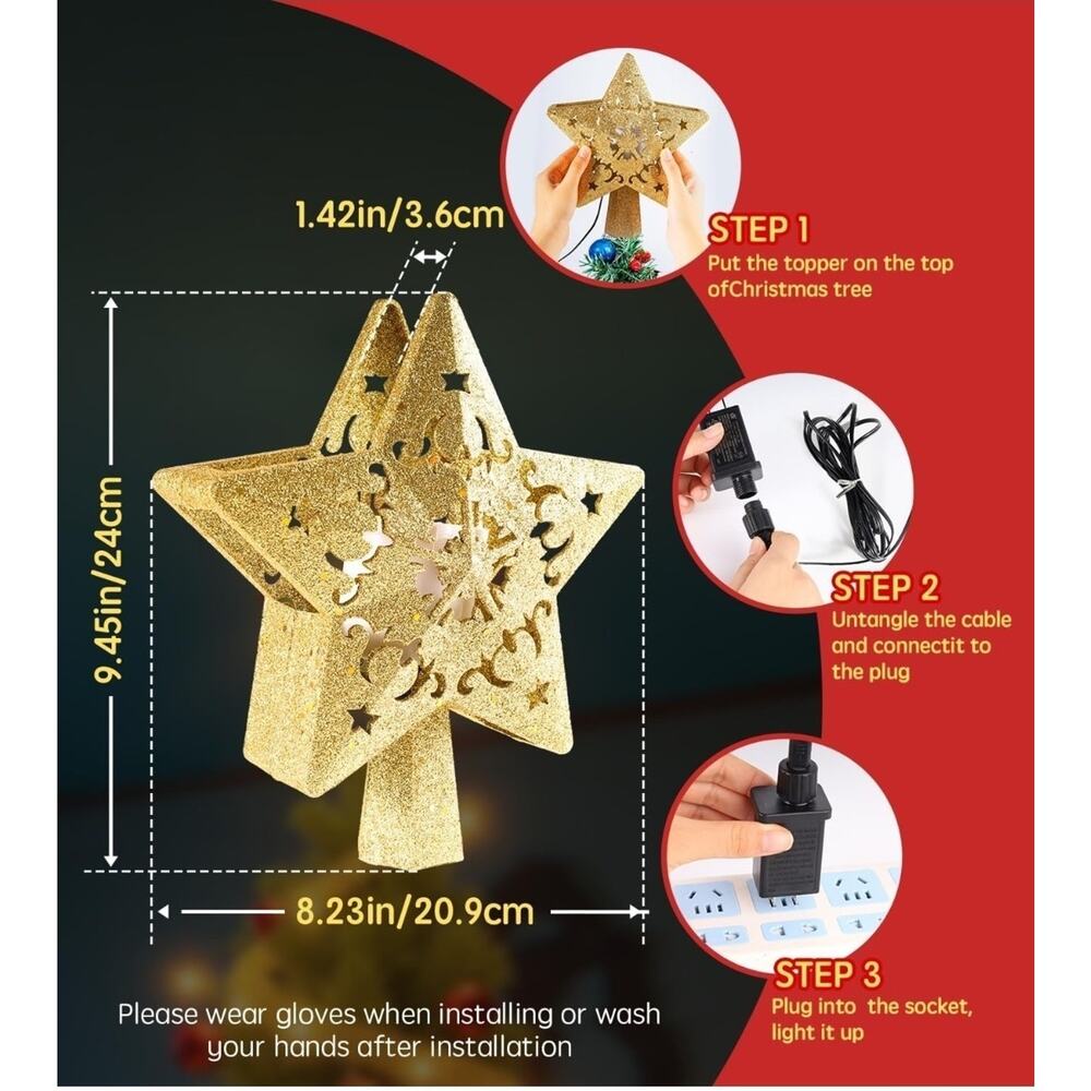 LED Christmas Tree Topper Projector Gold Star 360° Rotating Snowflake Light -... - Picture 2 of 8